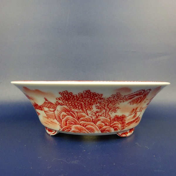 盆栽鉢 は二わ オリジナル鉢 小型 長辺 約15.4cm 丸鉢 赤絵 風景画  新品 1198404881