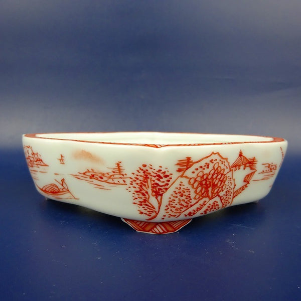 盆栽鉢 は二わ オリジナル鉢 小型 長辺 約13.5cm 剣木瓜鉢 赤絵 風景画  新品 u1198423685