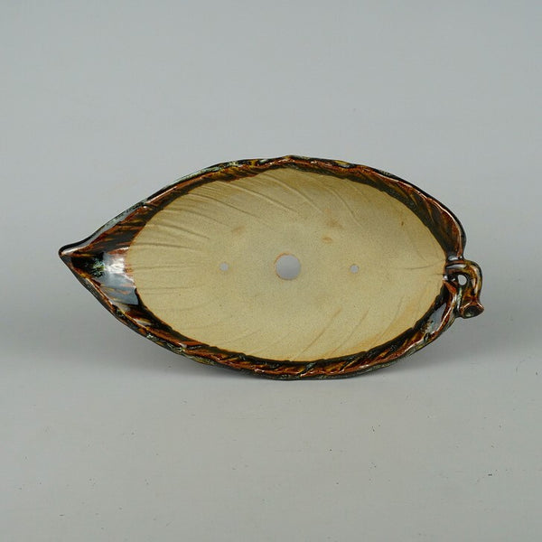 盆栽鉢 小石原焼 中型 長辺 約25cm 葉型 楕円鉢 釉薬 数量物 新品 u1198429612