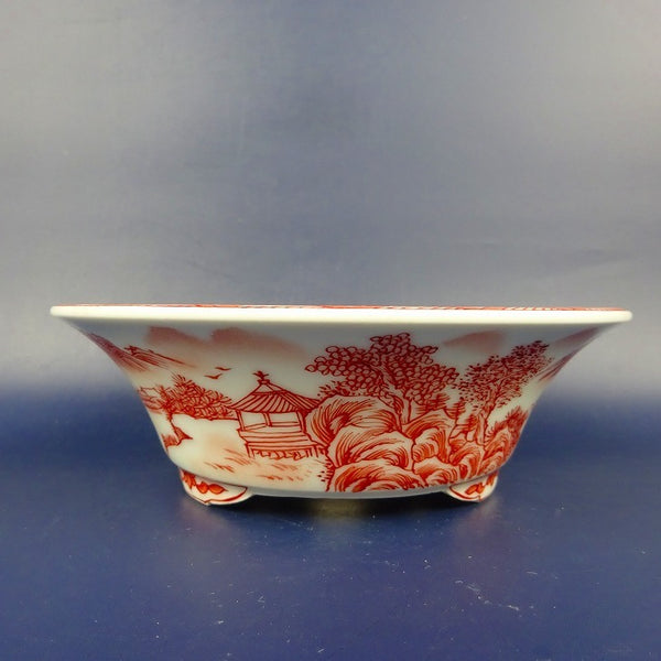 盆栽鉢 は二わ オリジナル鉢 小型 長辺 約15.5cm 丸鉢 赤絵 山水図 風景画  新品 v1198441858