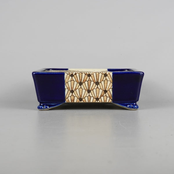 盆栽鉢 里美 寺畑陶園 小型 長辺 約15.8cm 長方鉢 色絵 扇 模様 瑠璃 釉薬 新品 数量物 n1198414307