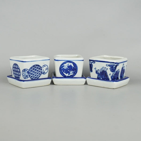 盆栽鉢 絵鉢 3点セット 小鉢 長辺 約6.5cm 正方鉢 チョウ 花 ウサギ 人物 受皿 落款なし 3鉢セット 数量物 新品 t1198414105