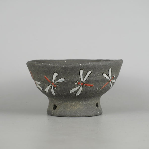 盆栽鉢 落款なし 越前文山 小型 長辺 約 16.5cm 鯖江園芸 丸鉢 色絵 蜻蛉 とんぼ トンボ 観賞用 e1198410678