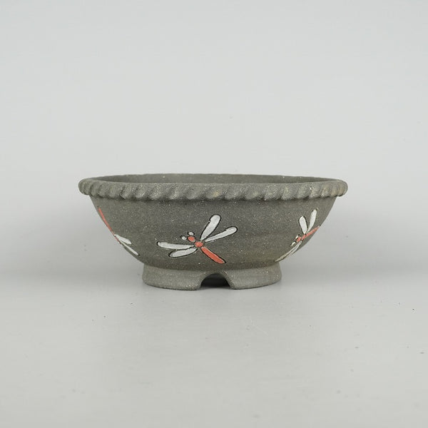 盆栽鉢 文山 越前文山 中型 長辺 約 20.5cm 鯖江園芸 丸鉢 色絵 蜻蛉 とんぼ トンボ 観賞用  新品 1198401675