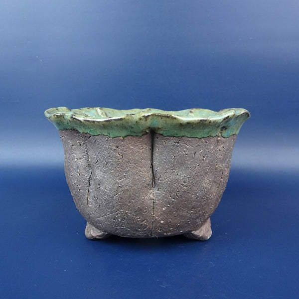 盆栽鉢 常滑 片 片岡 美津江 小型 長辺 約13.3cm 輪花 深鉢 焼〆 釉薬 新品 数量物 u1198428869