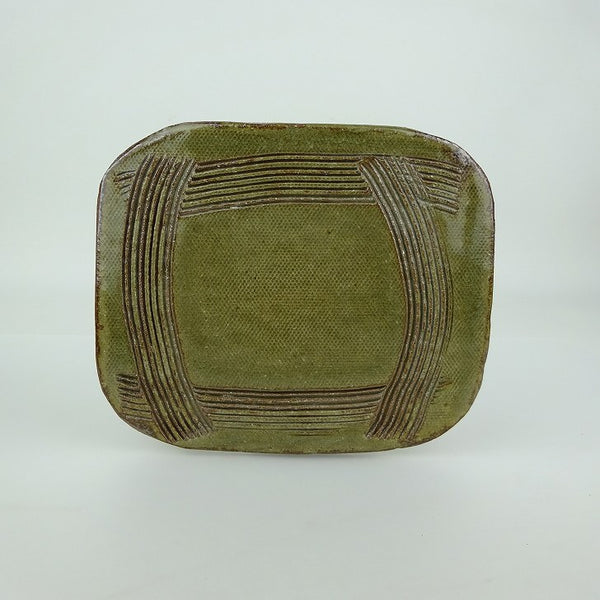 中古  陶板 花台 落款あり 長辺 約14.3cm 長方 飾台 置物台 花飾 陶製 盆栽台 鉢皿 釉薬  中古品 m1198410816