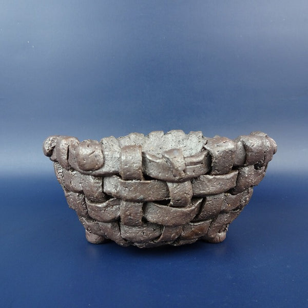 盆栽鉢 常滑 片 片岡 美津江 小型 長辺 約12.3cm 丸鉢 編み鉢 焼〆 新品 数量物 o1198422381