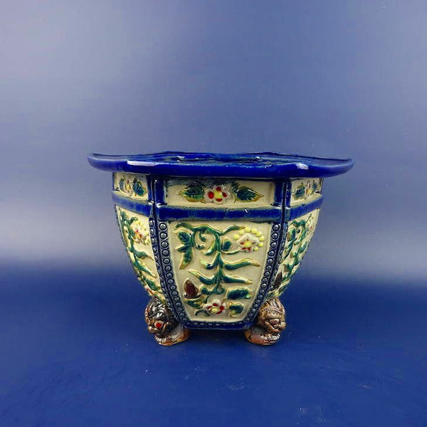 盆栽鉢 司峰 小型 長辺 約15cm 六角鉢 外縁 鬼面足 浮彫 色絵 華 花 観賞用  新品 c1198404895