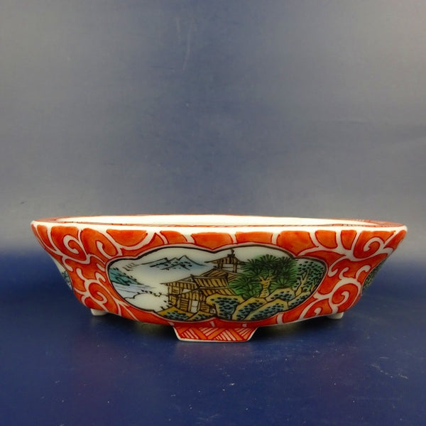 盆栽鉢 は二わ オリジナル鉢 小型 長辺 約15.4cm 木瓜鉢 色絵 風景画  新品 f1198414905