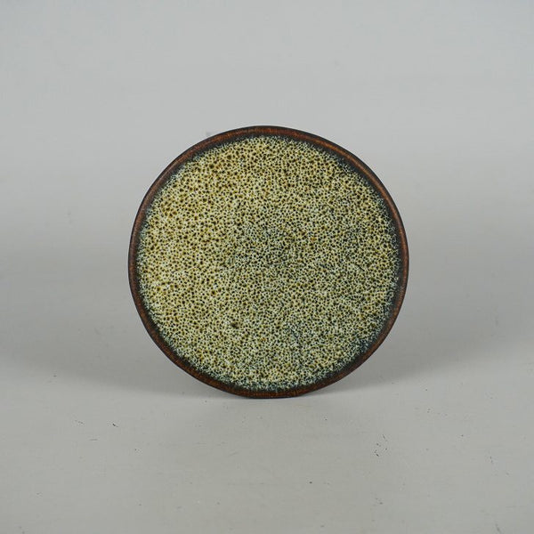 中古 陶板 花台 小石原 長辺 約10.3cm 丸型 飾台 置物台 花飾 釉薬 陶製 盆栽台  中古 p1198413443