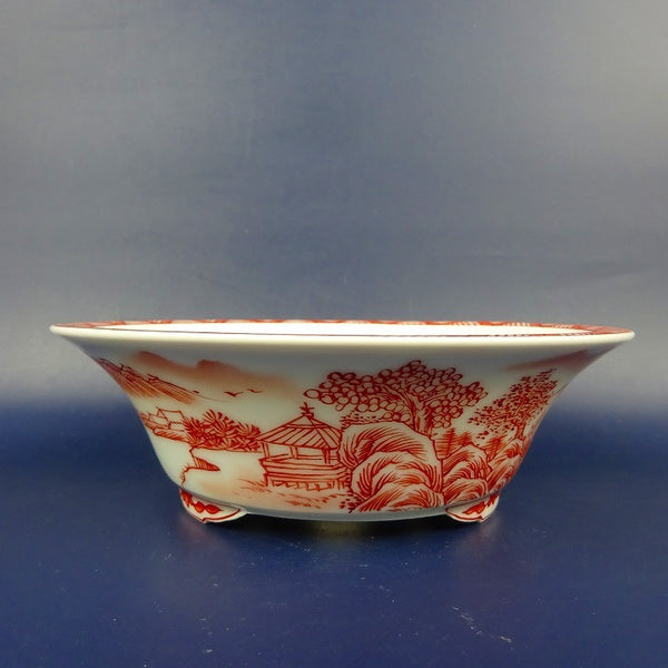 盆栽鉢 は二わ オリジナル鉢 小型 長辺 約15.5cm 丸鉢 赤絵 山水図 風景画  新品 r1198406132