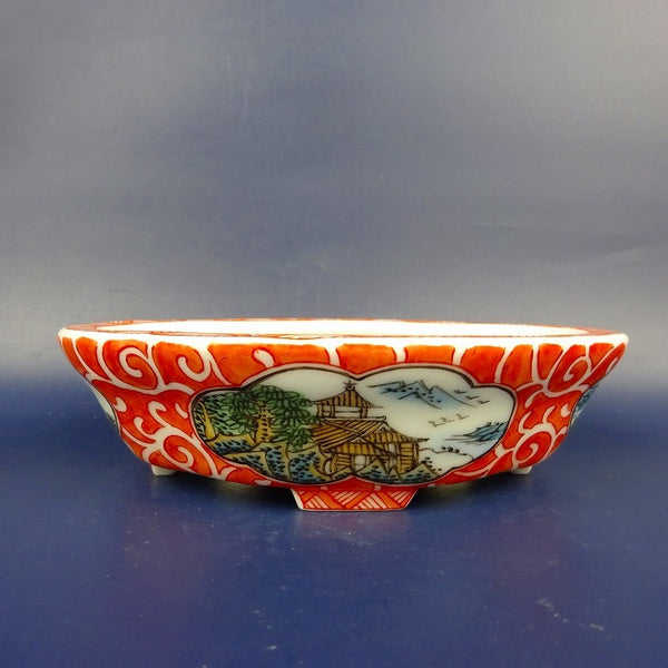 盆栽鉢 は二わ オリジナル鉢 小型 長辺 約15.2cm 木瓜鉢 色絵 風景画 山水図 観賞用  新品 x1198413684