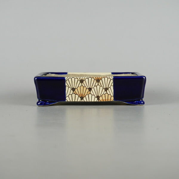 盆栽鉢 里美 寺畑陶園 小型 長辺 約15.5cm 長方鉢 雲足 色絵 扇 模様 瑠璃 釉薬 新品 数量物 o1198423338