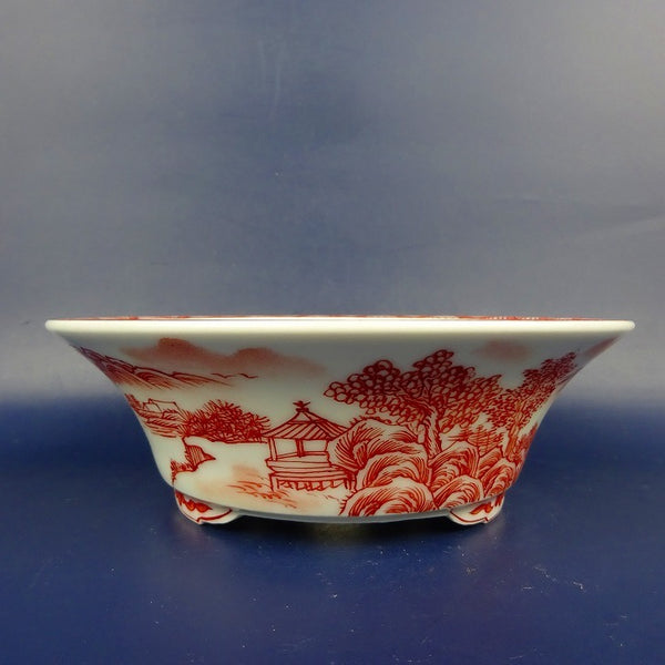 盆栽鉢 は二わ オリジナル鉢 小型 長辺 約15.5cm 丸鉢 赤絵 山水図 風景画  新品 v1198436934