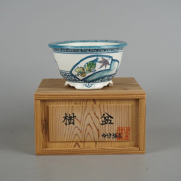 盆栽鉢 ゆうき祥石 小鉢 長辺 約10cm 丸鉢 色絵 紅葉 モミジ 木葉 銀杏 共箱 観賞用  新品 e1198416056