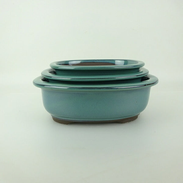 盆栽鉢 万古焼 萬古 3点セット 小型 中型 長辺 約21cm 楕円鉢 縁付 釉薬 新品 数量物 u1198426978