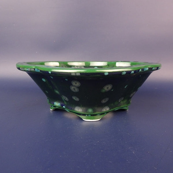 盆栽鉢 平安泉山 小型 長辺 約15.3cm 木瓜鉢 外縁 緑結晶 釉薬  新品 u1198431554