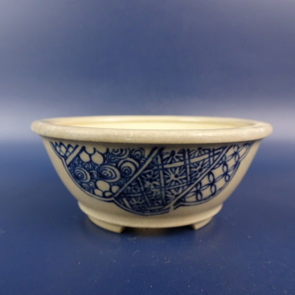 盆栽鉢 青香 小鉢 長辺 約9.1cm 丸鉢 外縁 染付 模様 観賞用  新品 g1198415246