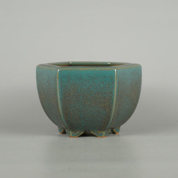 盆栽鉢 常滑 黎鳳 小型 長辺 約 13cm 六角鉢 三味胴 オリベ 釉薬 新品 数量物 e1198414315