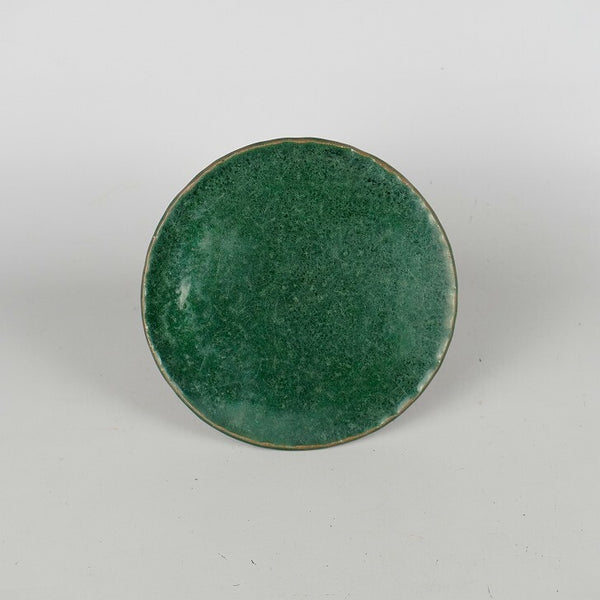 中古 陶板 花台 二代 平安東福寺 長辺 約14cm 丸型 飾台 置物台 花飾 釉薬 陶製 盆栽台 緑釉  中古 t1198410422