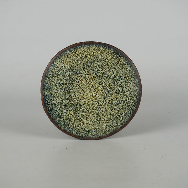 中古 陶板 花台 小石原 長辺 約10.3cm 丸型 飾台 置物台 花飾 釉薬 陶製 盆栽台  中古 u1198429758