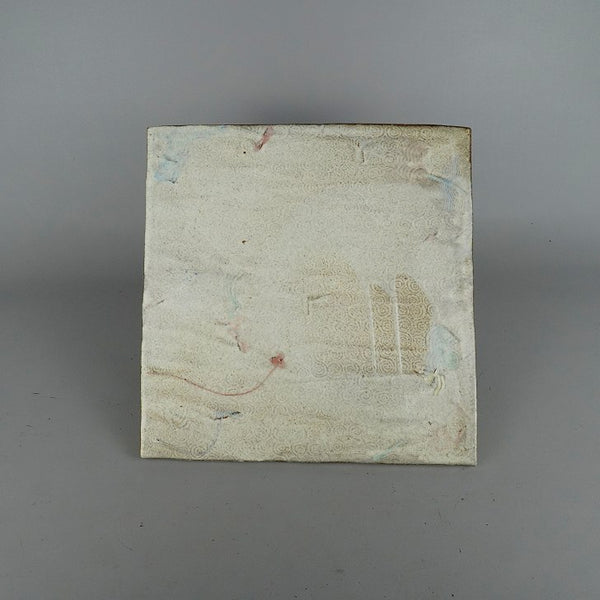 中古 陶板 百 花台 中型 長辺 約 30cm 正方 色絵 飾台 置物台 花飾 釉薬 陶製 盆栽台 敷物  中古 e1198416954
