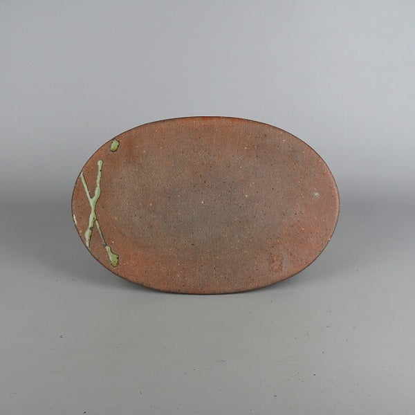 中古 陶板 黎鳳 花台 中型 長辺 約 29.5cm 楕円 飾台 置物台 花飾 釉薬 陶製 盆栽台 敷物  中古 g1198423503