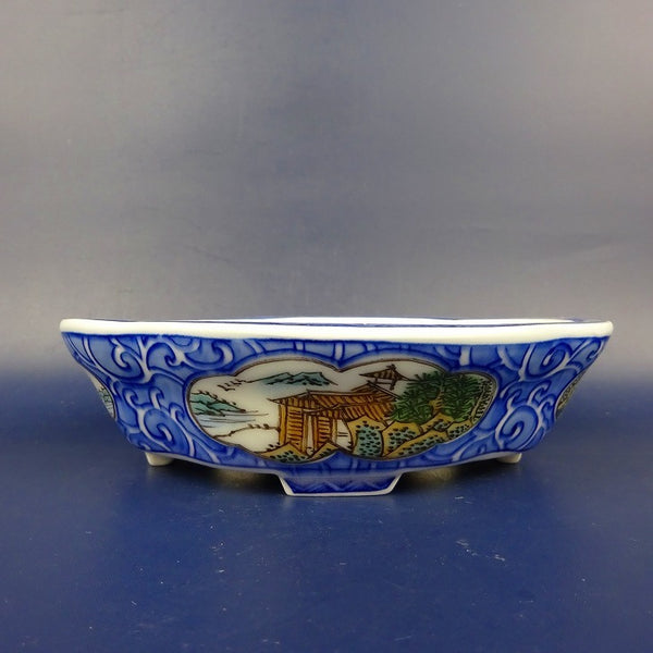 盆栽鉢 は二わ オリジナル鉢 小型 長辺 約15.3cm 木瓜鉢 色絵 風景画  新品 b1198421320