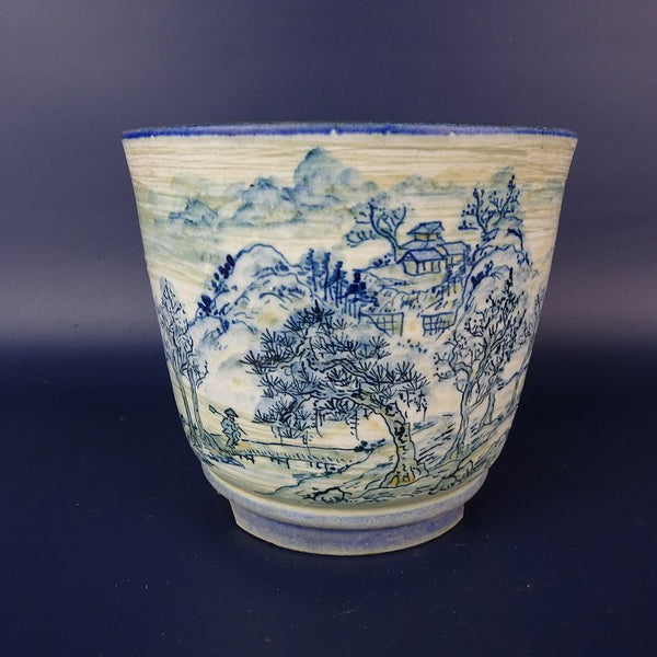 中古盆栽鉢 陶翠 小型 長辺 約12cm 丸鉢 染付 風景画 観賞用  中古鉢 j1198417117