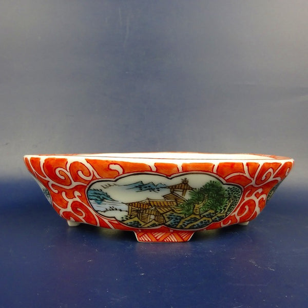 盆栽鉢 は二わ オリジナル鉢 小型 長辺 約15.3cm 木瓜鉢 色絵 風景画  新品 w1198413807