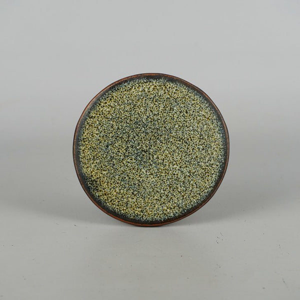 中古 陶板 花台 小石原 長辺 約10.3cm 丸型 飾台 置物台 花飾 釉薬 陶製 盆栽台 敷物  中古 p1198415534