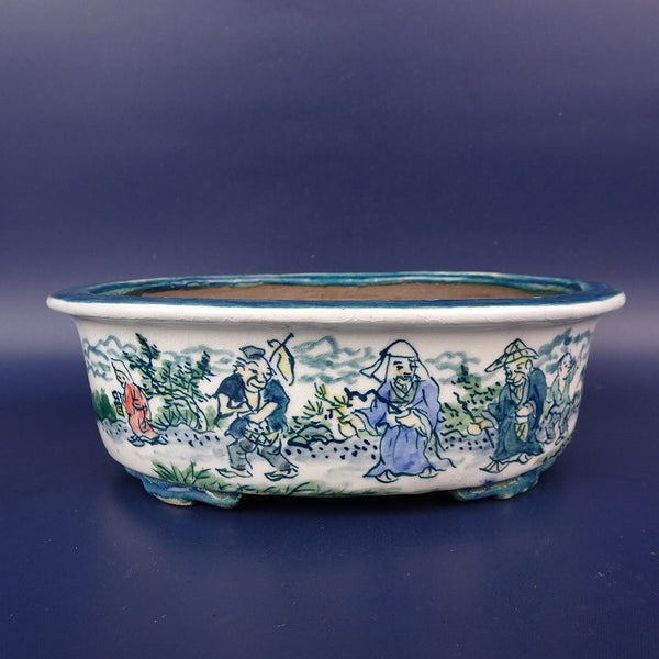 中古盆栽鉢 陶翠造 小型 長辺 約15.4cm 楕円鉢 外縁 絵鉢 人物 呉老散策 風景画 観賞用  中古鉢 1198406118