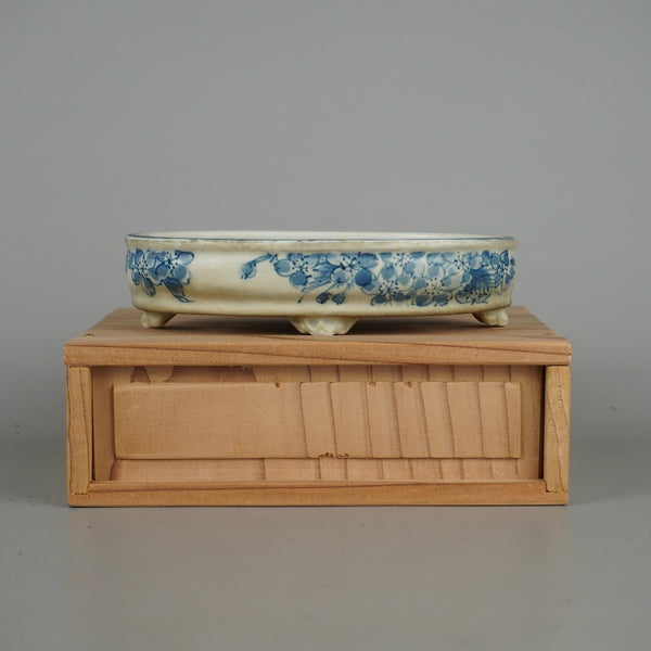 中古盆栽鉢 松本 松石小型 長辺 約13.2cm 楕円鉢 染付 桜 花 はな ハナ 箱付 観賞用  中古鉢 q1198414578