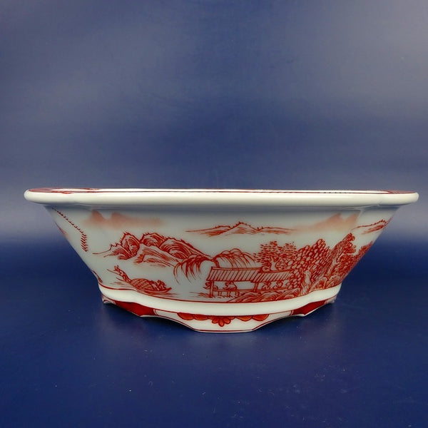 盆栽鉢 は二わ オリジナル鉢 中型 長辺 約21.1cm 木瓜鉢 赤絵 山水 風景画 外縁 観賞用  新品 q1198418456