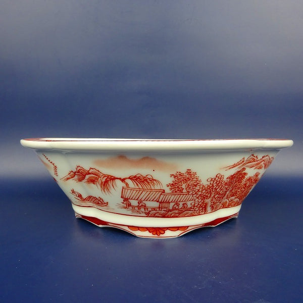 盆栽鉢 は二わ オリジナル鉢 中型 長辺 約21cm 木瓜鉢 赤絵 山水 風景画 外縁 観賞用  新品 e1198414269
