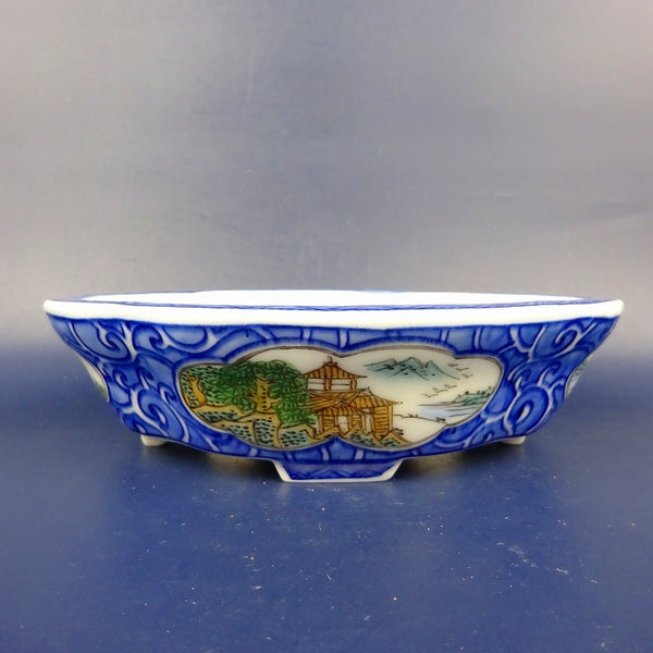 盆栽鉢 は二わ オリジナル鉢 小型 長辺 約15.5cm 木瓜鉢 色絵 窓抜 山水図 風景画  新品 o1198427709