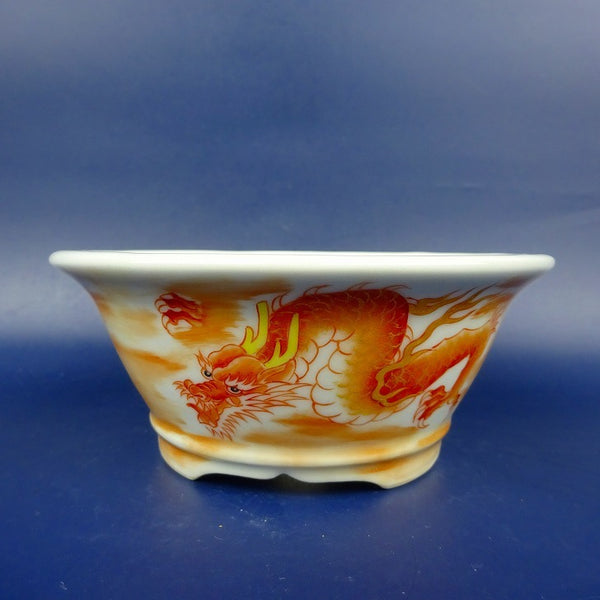 盆栽鉢 は二わ オリジナル鉢 小型 長辺 約12.2cm 丸鉢 赤絵 龍 ドラゴン 観賞用  新品 x1198412177