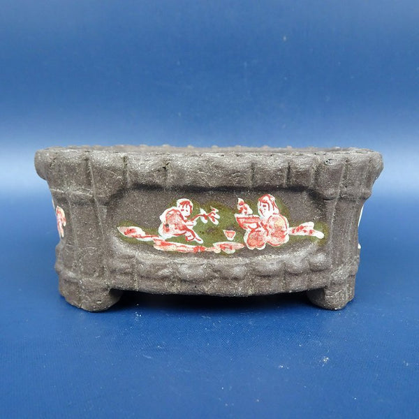 中古盆栽鉢 陶翠 小型 長辺 約10cm 楕円鉢 竹節 赤絵 童子  中古鉢 n1198413912