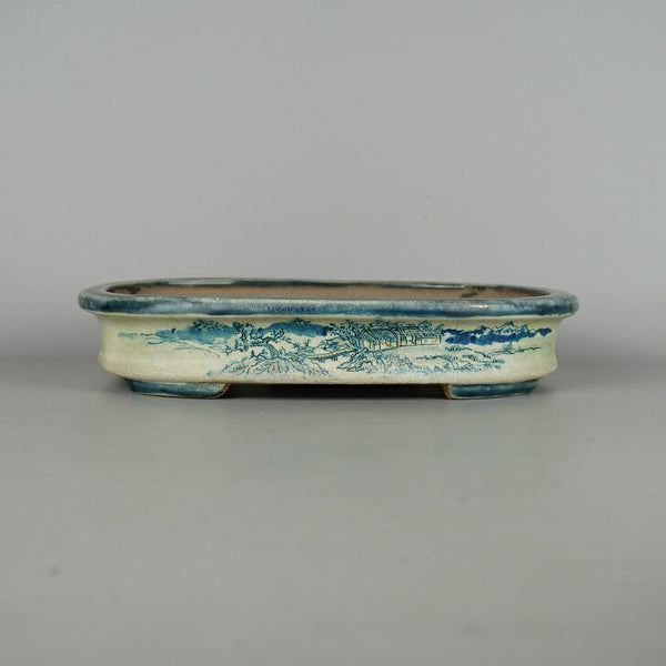 中古 盆栽鉢 陶翠 陶翠筆 中型 長辺 約27.5cm 楕円鉢 染付 山水図  中古鉢 g1198415741