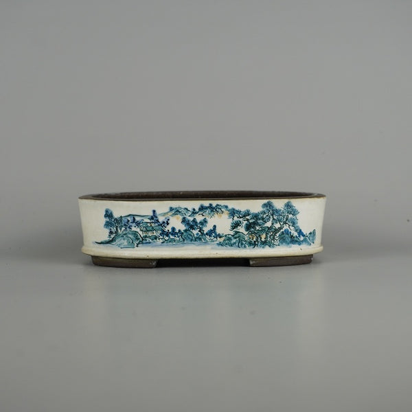 中古盆栽鉢 寿楽 陶翠筆 小型 長辺 約 15.8cm 楕円鉢 山水図 観賞用  中古鉢 t1198414402