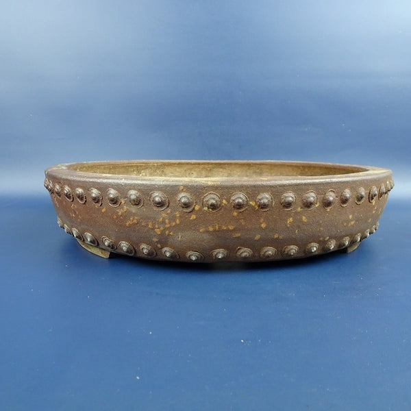 中古盆栽鉢 平安虹泉 中型 長辺 約26.3cm 丸鉢 鋲打 梨皮 泥鉢  中古鉢 j1198413224