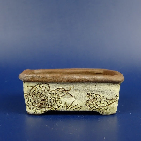 盆栽鉢 谷嵐山 豆鉢 長辺 約4.5cm 長方鉢 外縁 釘彫り 鳥  中古鉢 x1198409494