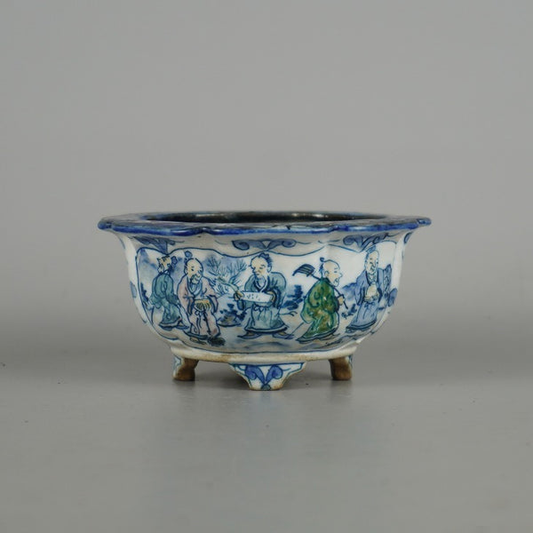 中古盆栽鉢 陶翠 小鉢 長辺 約 9.5cm 丸鉢 色絵 賢人 呉老散策 模様 観賞用  中古鉢 r1198400799