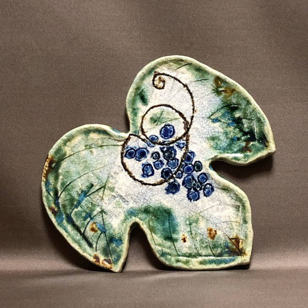 陶板 文山 越前文山 花台 長辺 約19.5cm 葉型 色絵 葡萄 飾台 置物台 花飾 釉薬 陶製 盆栽台  新品 x1198412781