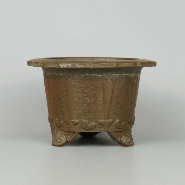 中古盆栽鉢 陶翠 小型 長辺 約11.5cm 丸鉢 外縁 雲足 浮彫 剣 勾玉 箱付 観賞用  中古鉢 v1198439770