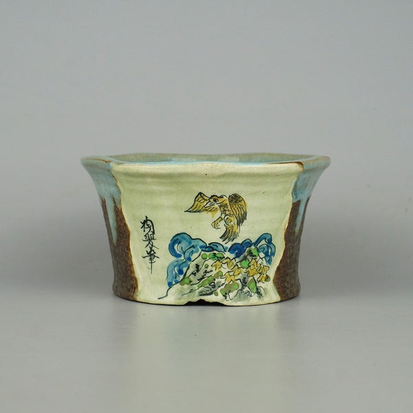 中古 盆栽鉢 陶翠 小型 長辺 約12.5cm 丸鉢 色絵 鳥 植物 山野草  中古鉢 p1198417125