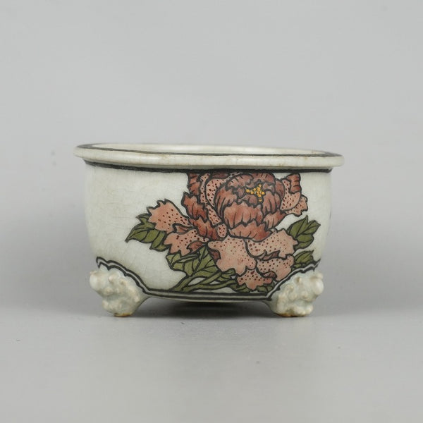 中古盆栽鉢 大助 心山造 小鉢 長辺 約9cm 丸鉢 色絵 牡丹 蝶 ボタン 花 チョウ 箱付 観賞用  中古鉢 q1198408297