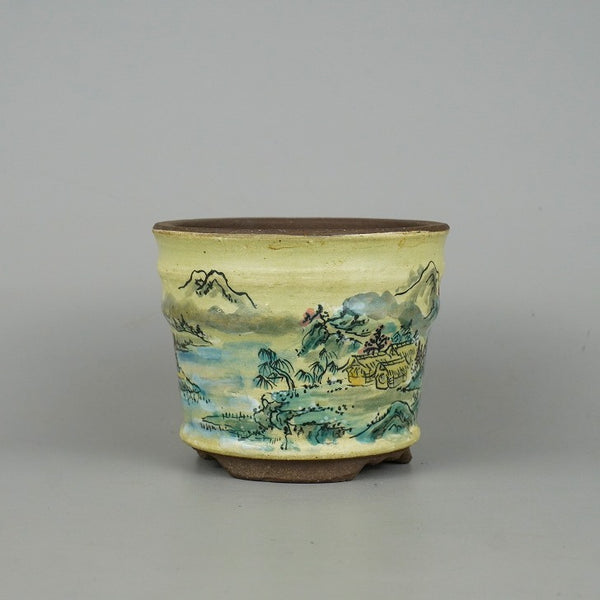中古盆栽鉢 陶翠 小型 長辺 約11.2cm 丸鉢 色絵 春景 山水図 観賞用  中古鉢 k1198410123