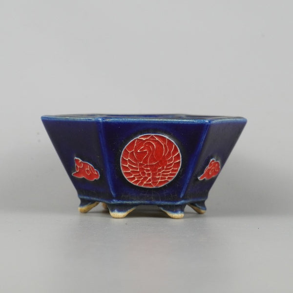 中古盆栽鉢 美功 小型 長辺 約10.5cm 六角鉢 瑠璃 釉薬 箱付 観賞用  中古鉢 d1198426763