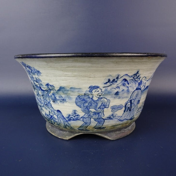 中古盆栽鉢 陶翠 小型 長辺 約18.5cm 丸鉢 染付 人物 松 風景画 観賞用  中古鉢 b1198416092